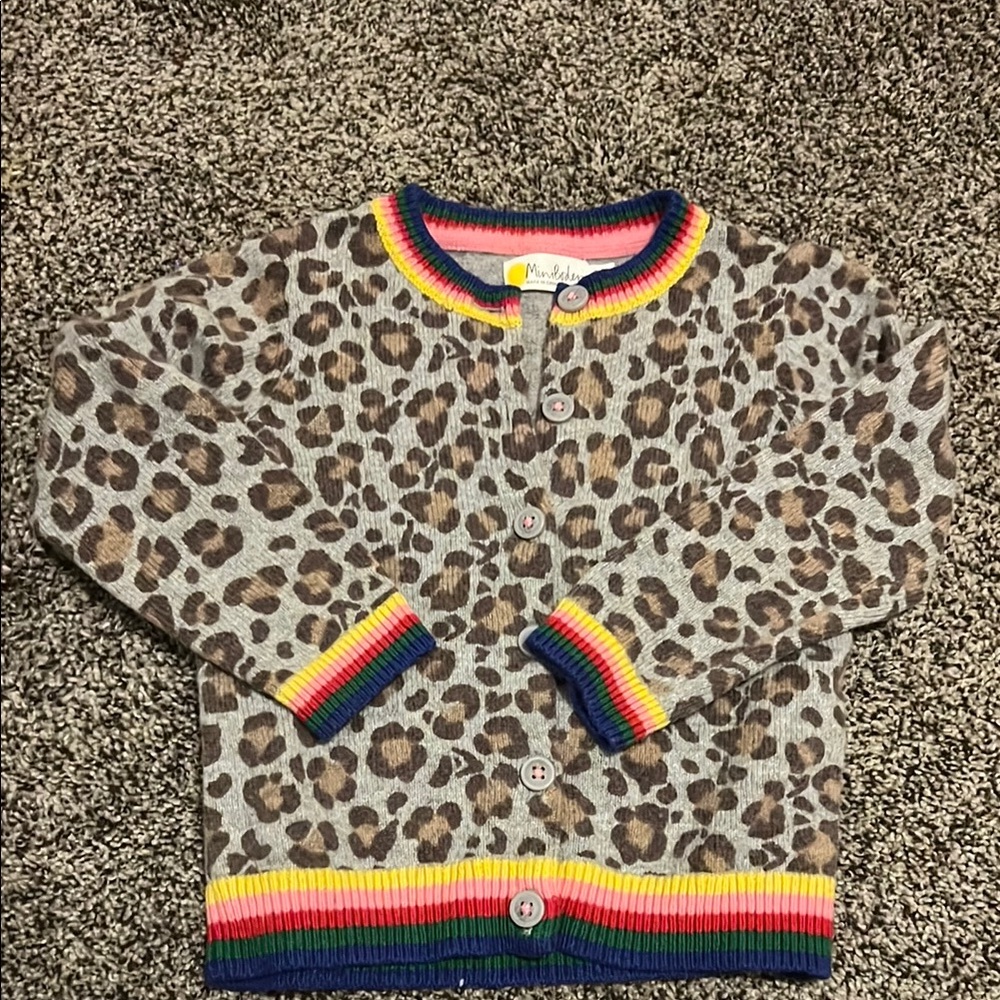 Leopard Print Kids Cardigan with Rainbow Trim